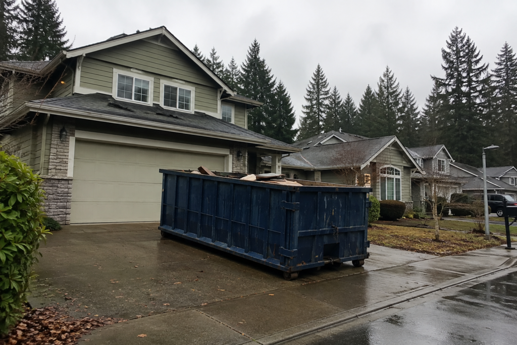 Dumpster on-site during an ongoing home renovation in Tacoma