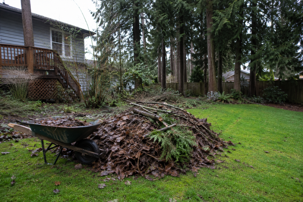 Yard debris pile from a landscaping cleanup project in Tacoma, WA